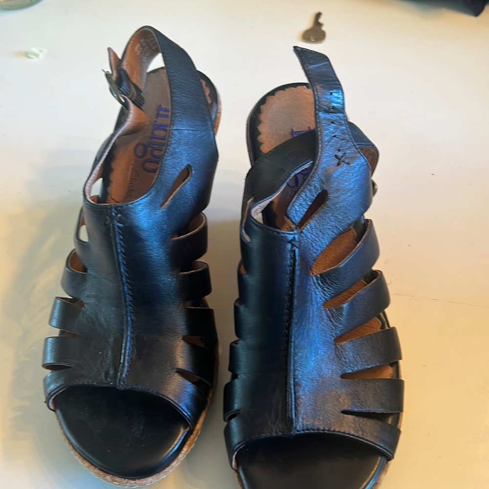 Clarks Indigo black leather cork wedges, size 8